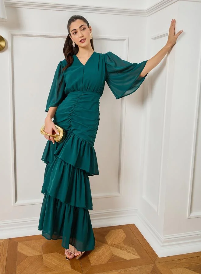 Styli Women Green Ruched Tiered Maxi Dress